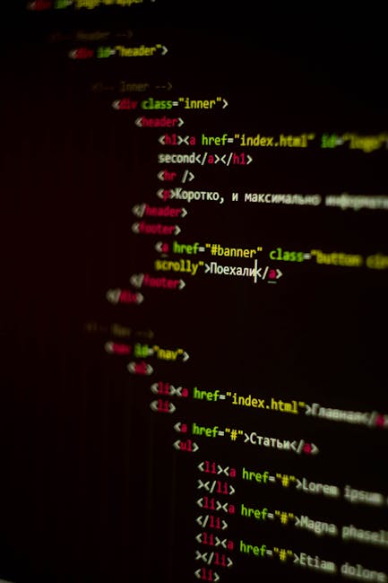The image displays a close-up of a computer screen showing blurred lines of HTML code with various tags, attributes, and embedded links in bright colors such as green, red, yellow, and pink on a dark 